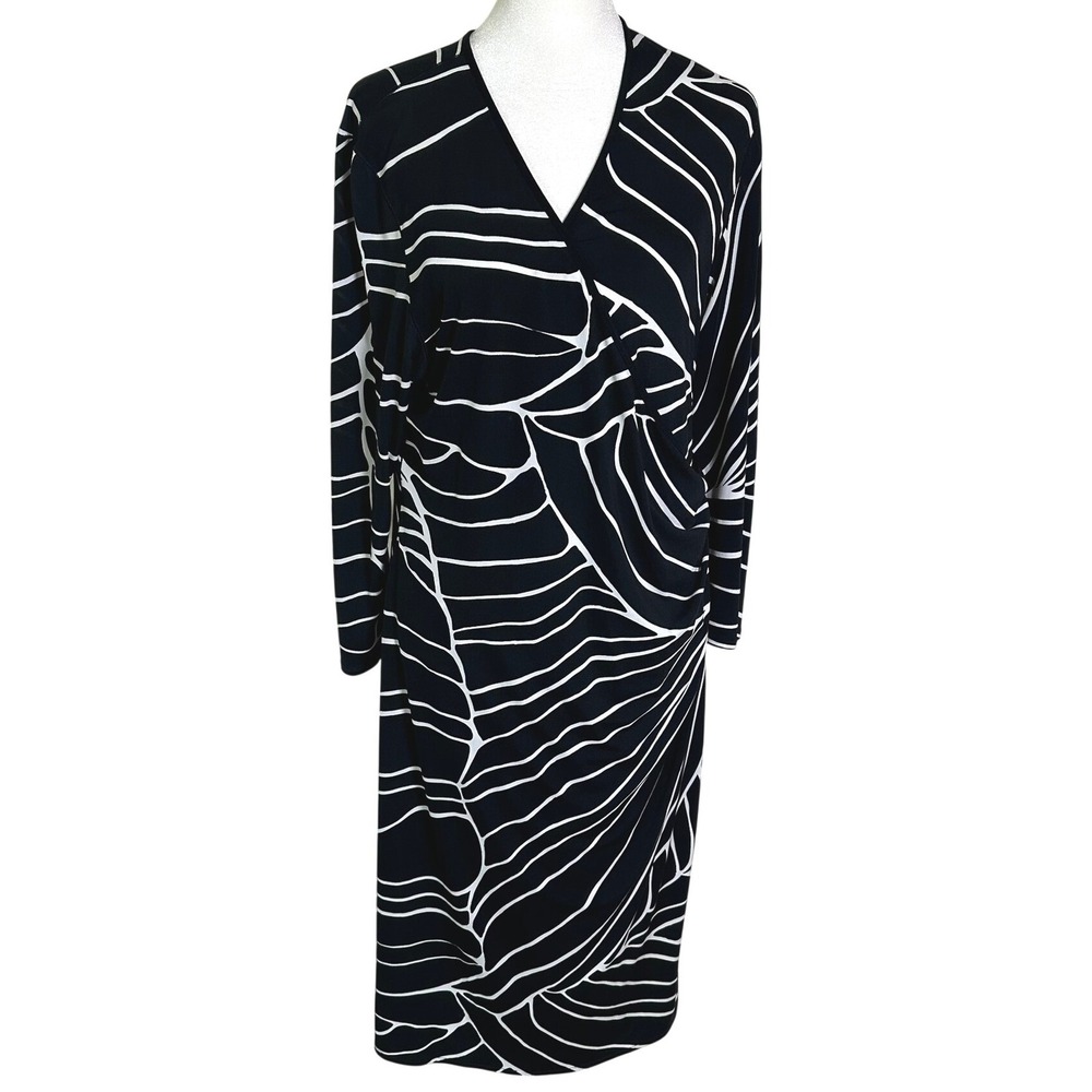 Eva Varro Womens XL Faux Wrap Dress Black White Abstract Print Long Sleeve USA‎